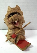 Vintage 1960s Henning Norway Hand-Carved Troll Wooden Gnome Mouse On Red Skis