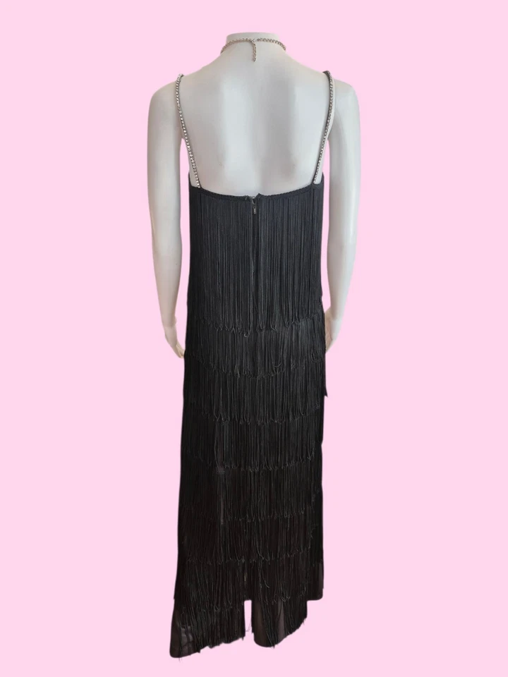 Vestido Largo Negro Flecos Años 60/70 De Colección Talla S Aleta Estrás Noche Formal Baile de graduación Foto 3 de 4