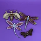 Lot Of 4 Insect Brooches Dragonfly Bumblebee Butterfly Vintage Costume Jewelry
