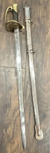 US  Civil War Sword Etched Blade Brass Hilt India Mark with Scabbard