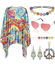 Alintor Hippie Kostüm Damen 70er Flower Power Outfit Fasching Karneval Set☮️🎉✌️