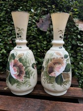 VTG Hand Painted Glass Vases Pair Floral Cottage Farmhouse Decor Set of 2