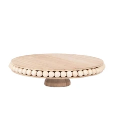 12" Natural Round Rustic Wooden Pedestal Cake Stand with Beaded Edge Events
