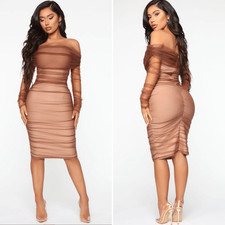 Fashion Nova Ruched and Ready Bandaged Midi Dress Mauve Taupe L