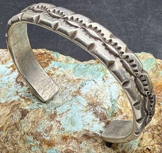 Beautiful Rare Navajo Deep Hand Stamped Design Thick Sterling Cuff Bracelet Sign