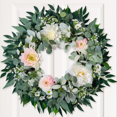 Spring Summer Wreath for Front Door, 22'' Artificial Silk Peony Eucalyptus Flo...