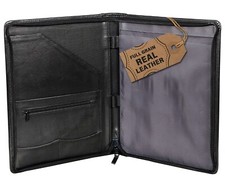 Genuine Leather Portfolio, A4 Conference Folder Zipper Document Padfolio - Black