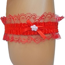 Satin Leg Garter Lace Ruffle Trim Mini Bow Faux Jewel Flower Accent Red 3555
