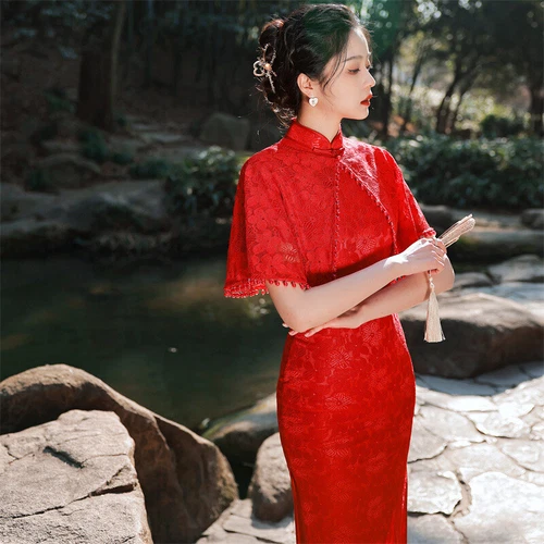 Lady Midi Evening Party Prom Red Lace Cheongsam Retro Cape Shoulder Qipao Dress