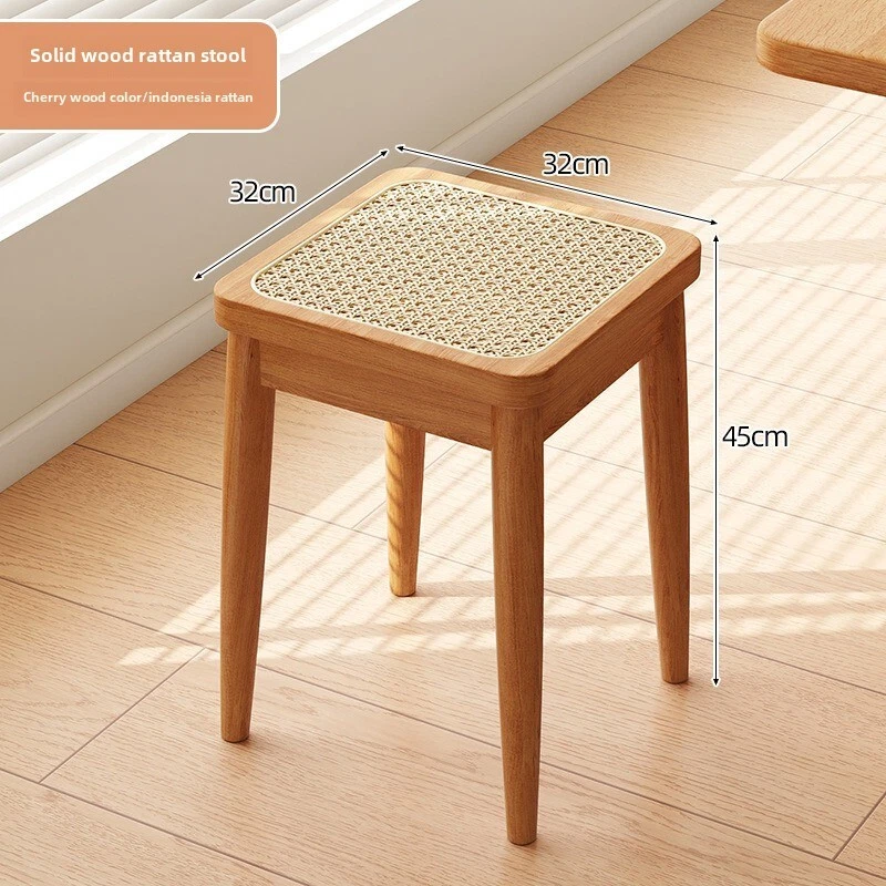 Solid wood rattan stool for household use, stackable, antique dining table stool - Image 2 of 4