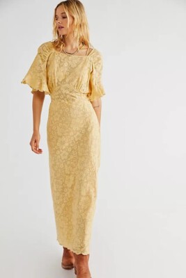 Free People Libby 3-teiliges Spitzenrock Midikleid, goldgelb, Small, UVP 108 $