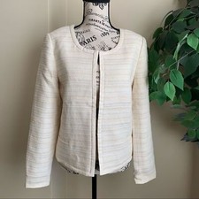 Banana Republic Metallic Tweed Faux Leather Trim Blazer White Sz 8