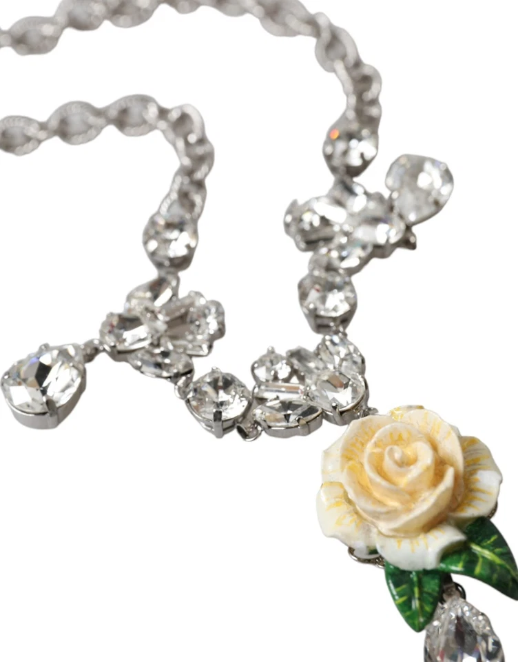 Collar DOLCE & GABBANA Plata Latón Cristal Transparente Rosas Colgantes PVP 1120usd Foto 3 de 4