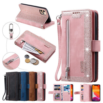 For iPhone/Samsung/Google PU Leather Zipper Card Holder Wallet Shock Phone Case