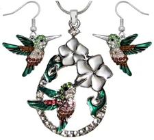 Gorgeous Hummingbird Pendant Necklace and Earrings Set 19" Chain Bird Theme