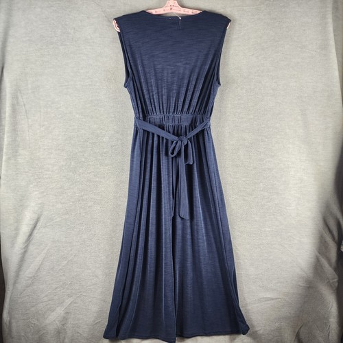 Nicole Miller Navy Ribbed Surplice Dress L Faux Wrap Beautiful Belted Sleeveles - Picture 8 of 19