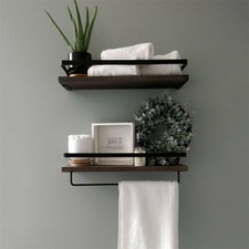 2 Large Rustic Wall Floating Shelf Bathroom Utility Decorative Rack w/ Towel Rod