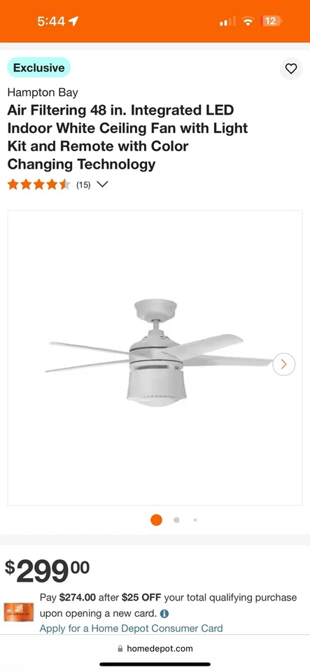 Ventilador de techo blanco interior Hampton Bay filtro de aire 48 pulgadas LED con kit de luz y control remoto Foto 4 de 4