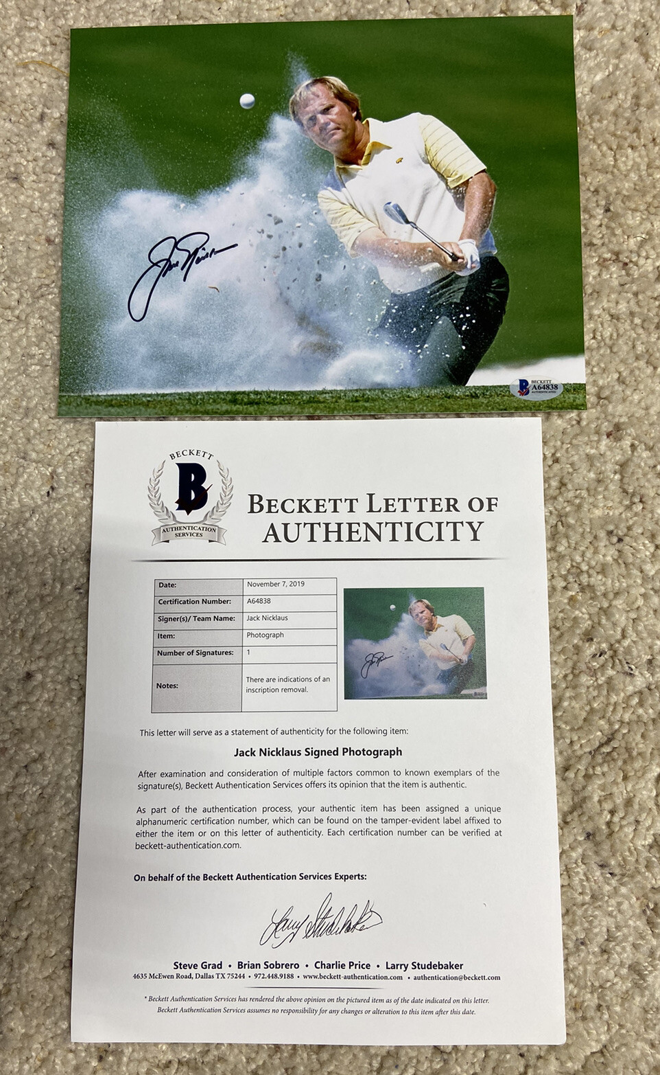 Jack Nicklaus Autographed Signed Auto 8x10 Photo Beckett LOA COA BAS 