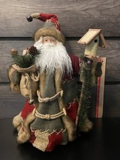 Woodland Santa Claus Tree Topper Rustic Gift Bag Birdhouse Patchwork Suit 19&rdquo;