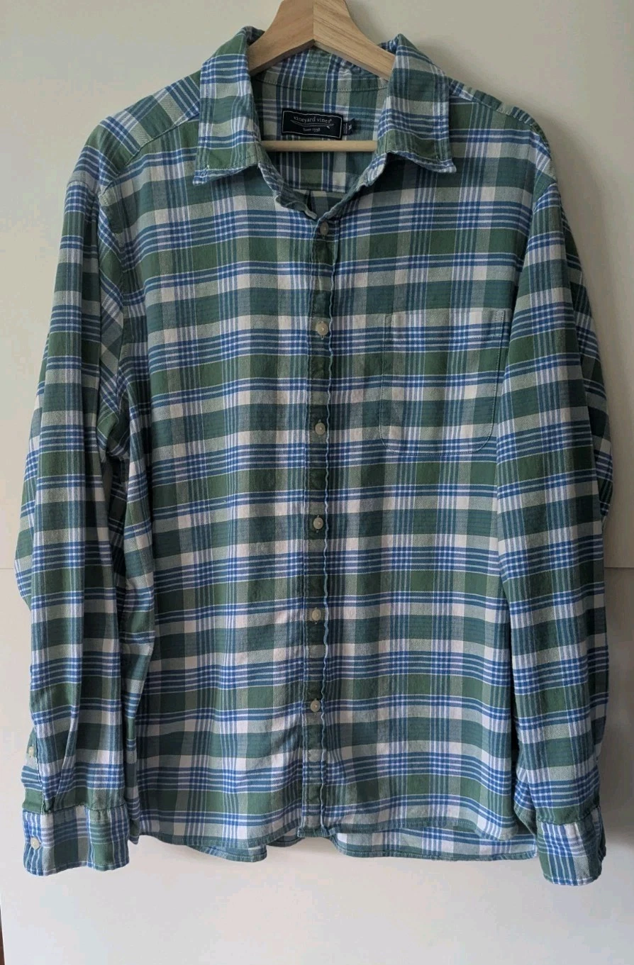 Vineyard Vines Men's XL Linen Blend Shirt Long Sleeve Blue & Green Plaid