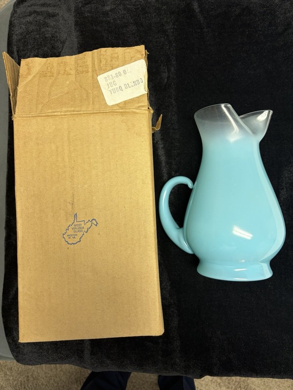 WEST VIRGINIA GLASS ---- FROSTED TURQUOISE PITCHER WITH ORIGINAL BOX (#881-80)