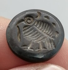 Ancient Black Stone Intaglio Seal Bird Carving Engraved Round Cabochon Roman