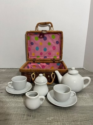 Wicker basket lunch box with ceramic tea set