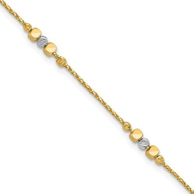14K Two-Tone Gold Pol/Texture/Dia-cut Beads w/1in ext. Bracelet