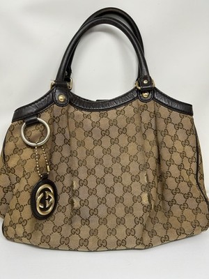 Gucci Sukey Small Tote GG Monogram Canvas Dark Brown Guccissima Leather Trim