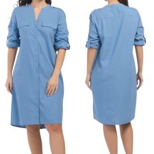 New Calvin Klein Women's Linen Blend Roll Tab Mini Day Shirt Dress Blue Size 12