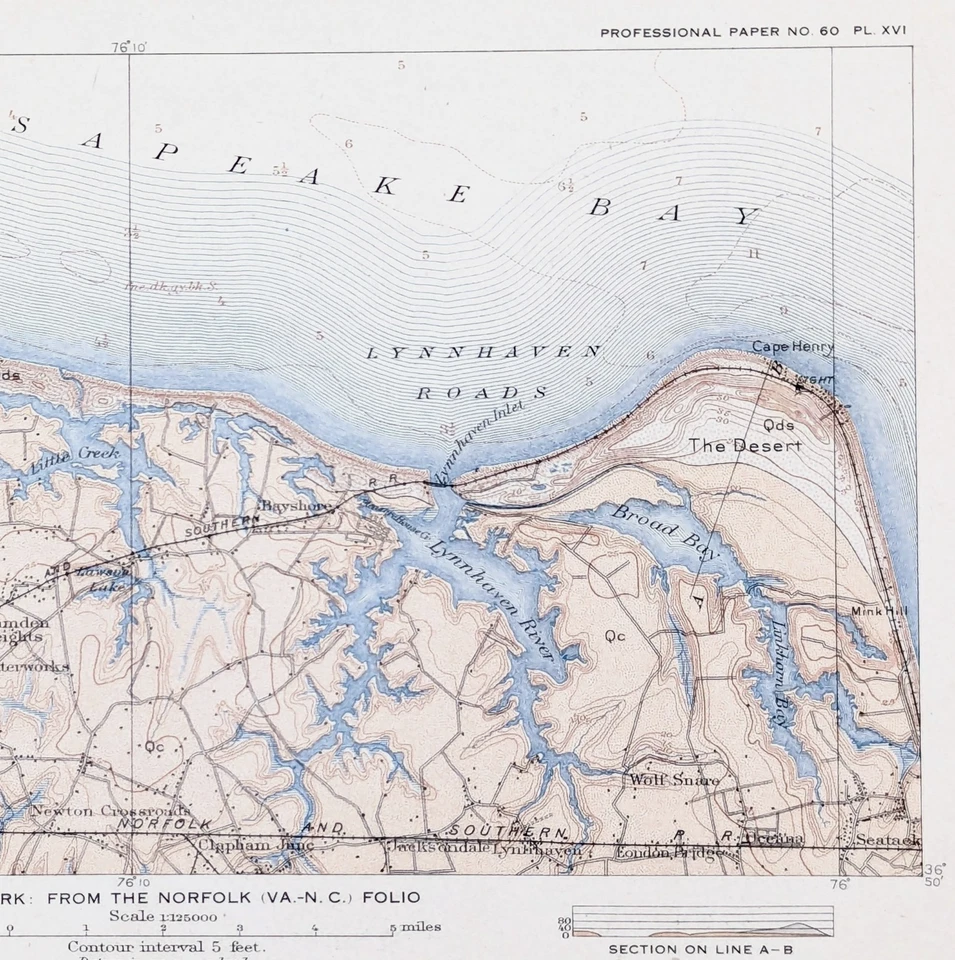 1908  NORFOLK - VIRGINIA - CHESAPEAKE BAY Map ORIGINAL  - Cape Henry - Bayshore - Image 3 of 3