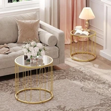 Round Gold End Table Set of 2 with Metal Frame and Tempered Glass Top for Living