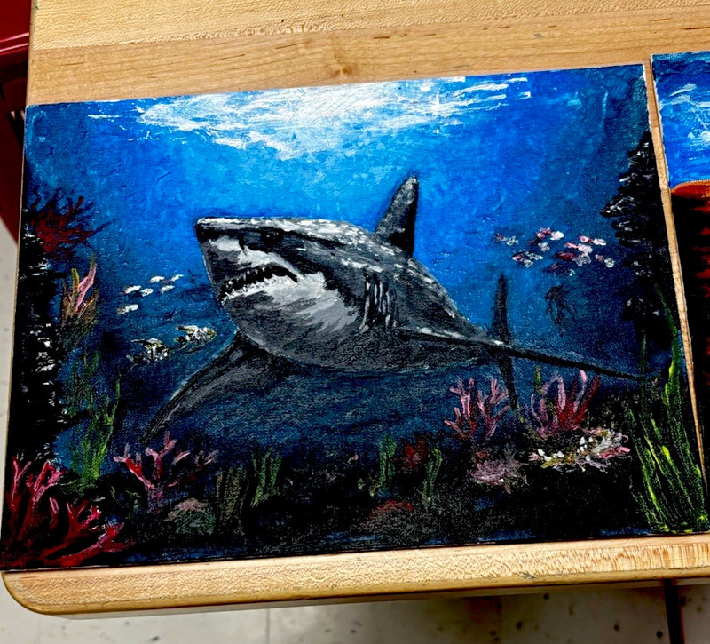 Realism Shark & Fish Underwater Ocean Painting, Small Unframed Nautical Art