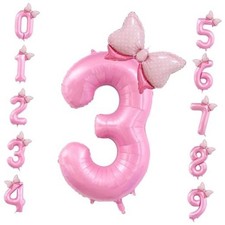 40 inch Number 3 Balloon with Bow Pink Birthday Number Balloon Pink Number 3