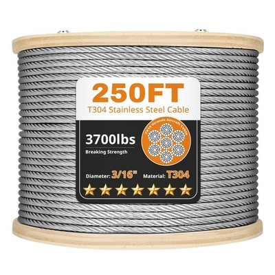 Thickened 3/16'' Stainless Steel Cable, 250ft Wire Rope, 250FT, Silver