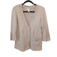 Beige Button Up Cardigan Sweater V Neck Sz Sm...
