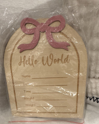 Personalized Wooden Birth Announcement Plaque with Pink Bow, Beige/Pink