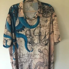 Hardaddy Octopus Kraken Nautical Map Print Button-Up Short Sleeve Shirt 4XL