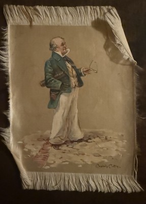ORIGINAL C19TH OIL PAINTING ON SILK- CAPTAIN CUTTLE -DICKENS - FINE - RARE