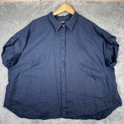 Lauren Ralph Lauren Shirt Womens 3X Navy Blue 100% Linen Button Up Relaxed 