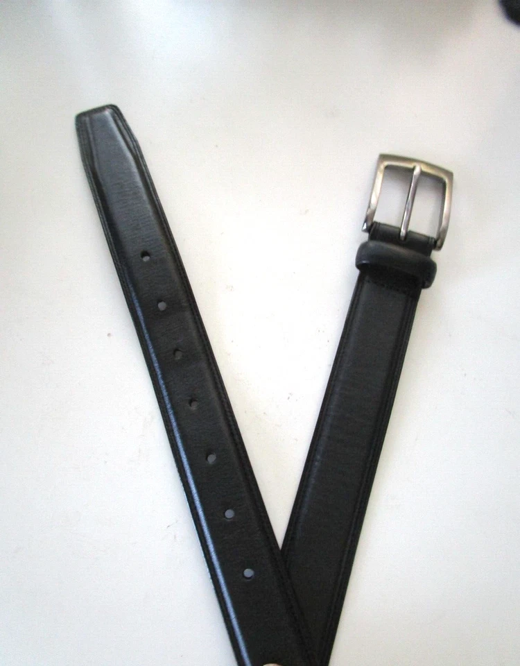 Men's PERRY ELLIS Belt Black Leather Edged Stitch Silver Buckle.  Size 32 - Image 2 of 4