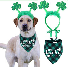 St Patricks Day Dog Costume, Green Shamrock Headband and Buffalo Plaid Pet Banda