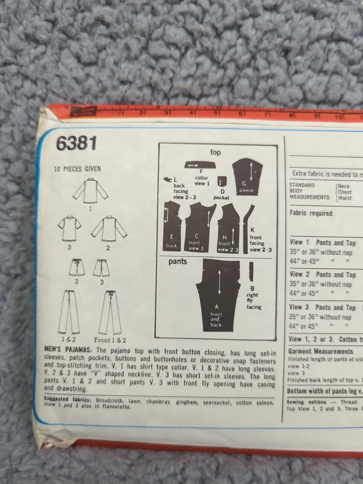 Pajamas Sleep Pants Short Shirt Mens 46 - 48 Simplicity 6381 Sewing Pattern Cut - Image 4 of 4
