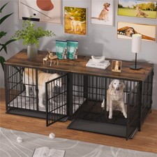 Heavy Duty Dog Crate Furniture End Table Jumbo Tall Wooden Metal Pet Cage w Tray