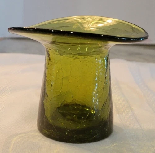 Vintage Blenko Hand Blown Crackle Art Glass Olive Green Small Vase Mini Top Hat
