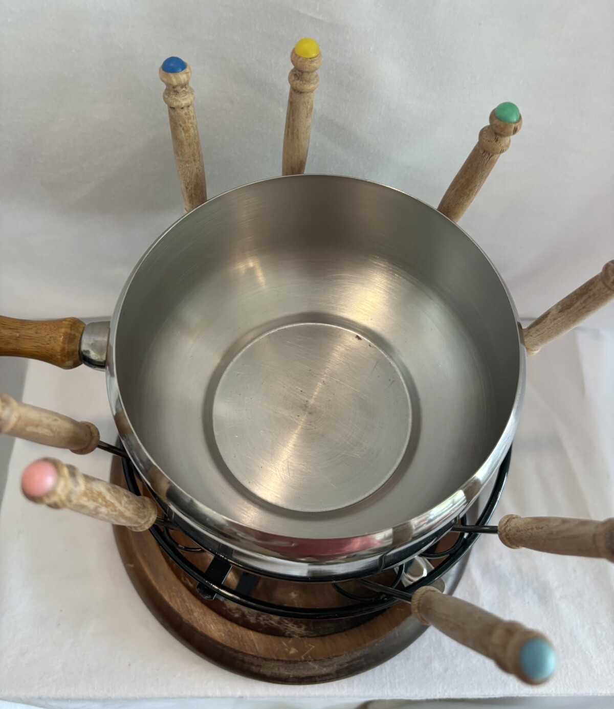 Vintage MCM Fondue Set With Wood Base And Handle With 8 Fondue Forks