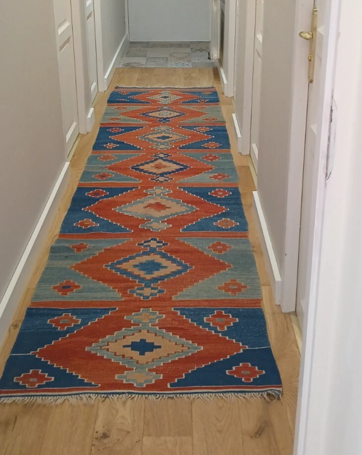 Tapis kilim en laine tissé à la main 350x87cm galerie couloir - Photo 2/2