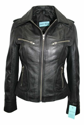 NEW Modern Women Soft Genuine Lambskin Real Leather Jacket Black Collar Zip Coat