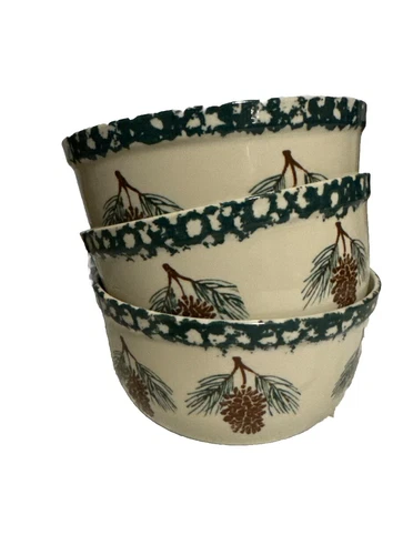 Set of 3 TIENSHAN FolkCraft Pine Cone CERAMIC Cereal Bowls 5.5" Gn Sponge Ware
